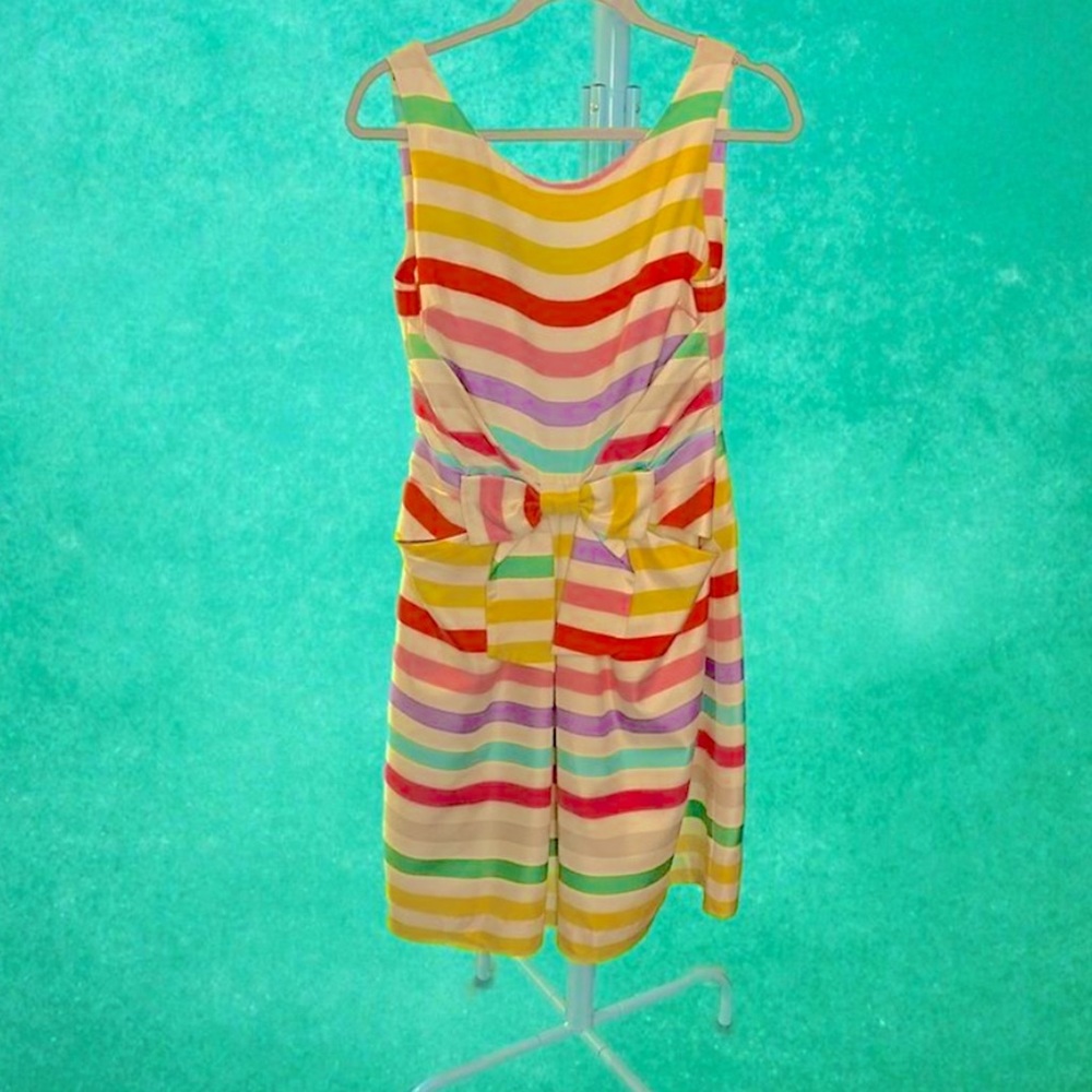 kate spade | Jillian | Lined Silk Rainbow Stripe Dress w Front Pockets & Bow - Picture 3 of 15